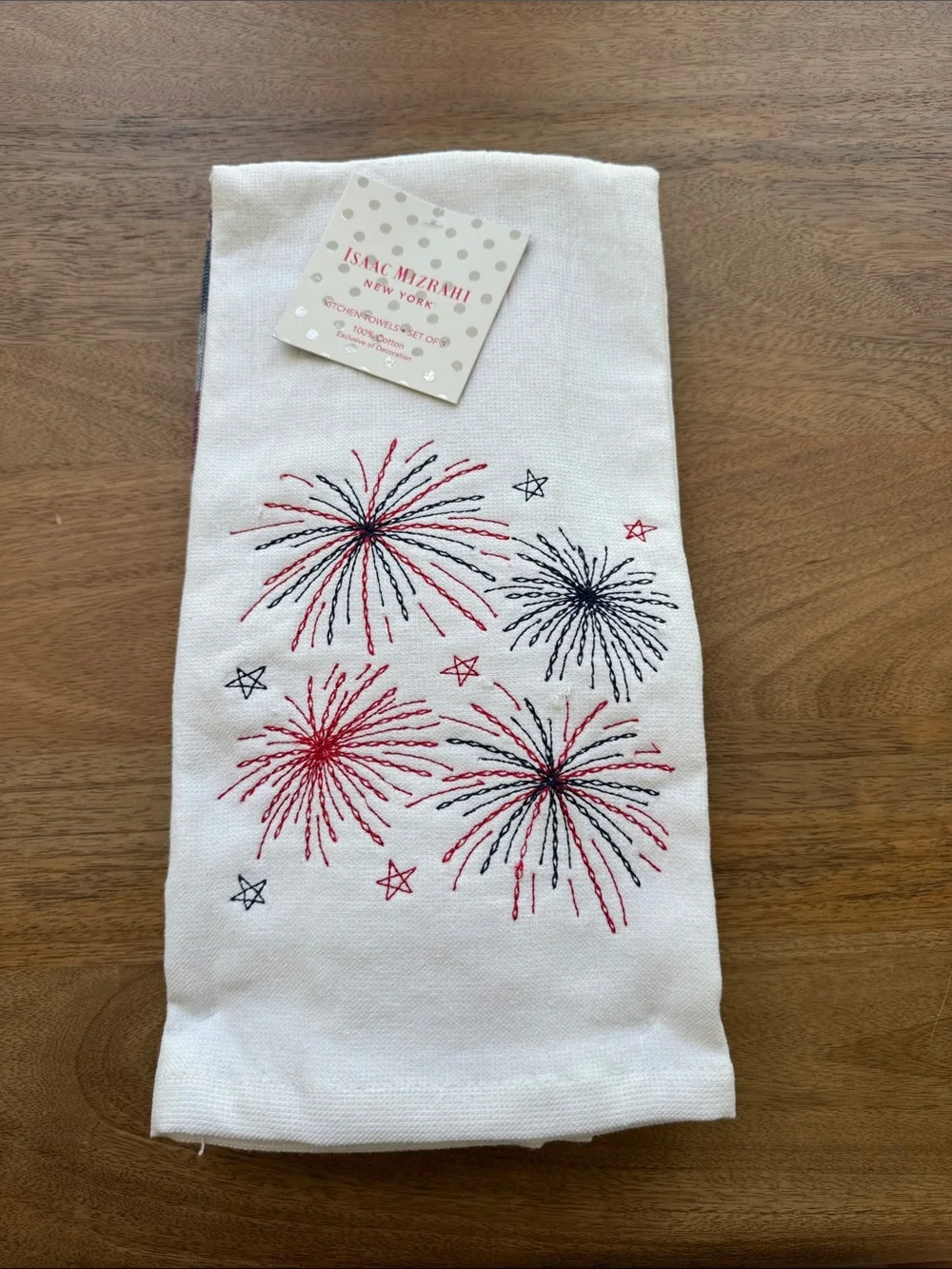 Isaac Mizrahi White Embroidered Fireworks and Patriotic Check Kitchen Towels